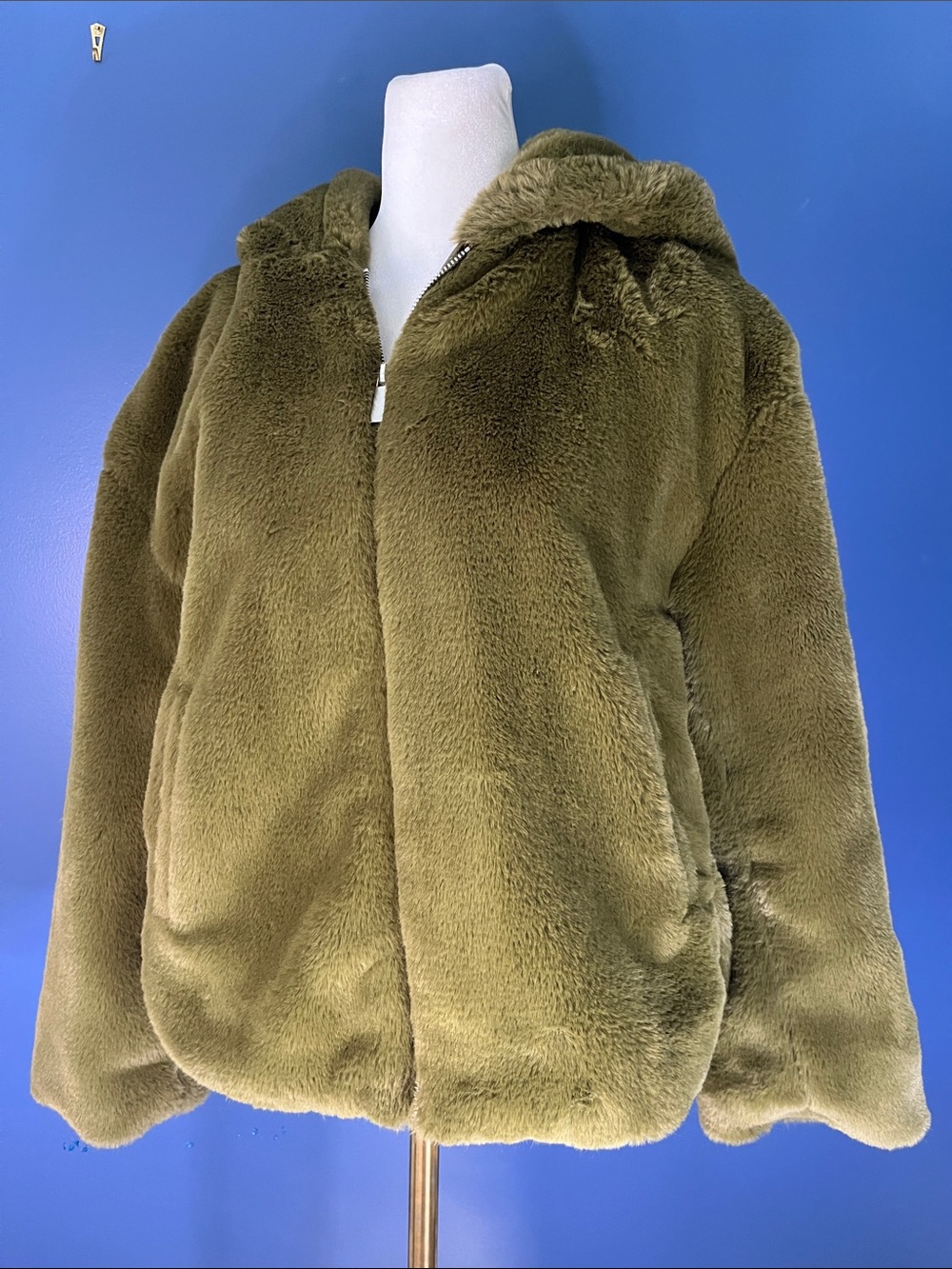 Zara Olive Green Teddy Jacket-with hood, super-soft plush fur-zip front, pockets